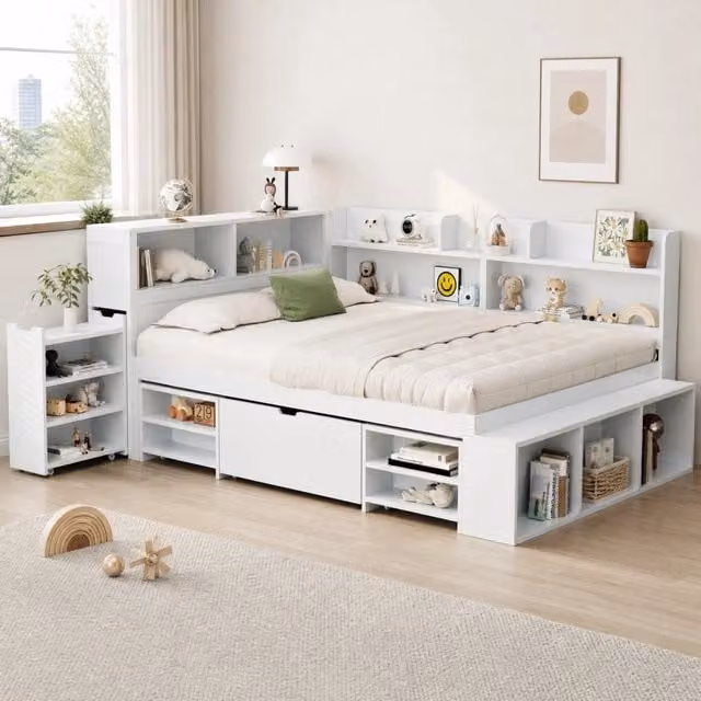 Letto Mivray con cassetti, libreria e armadio contenitore in legno bianco opaco con rete a doghe inclusa L/P/H: 140 x 200 cm