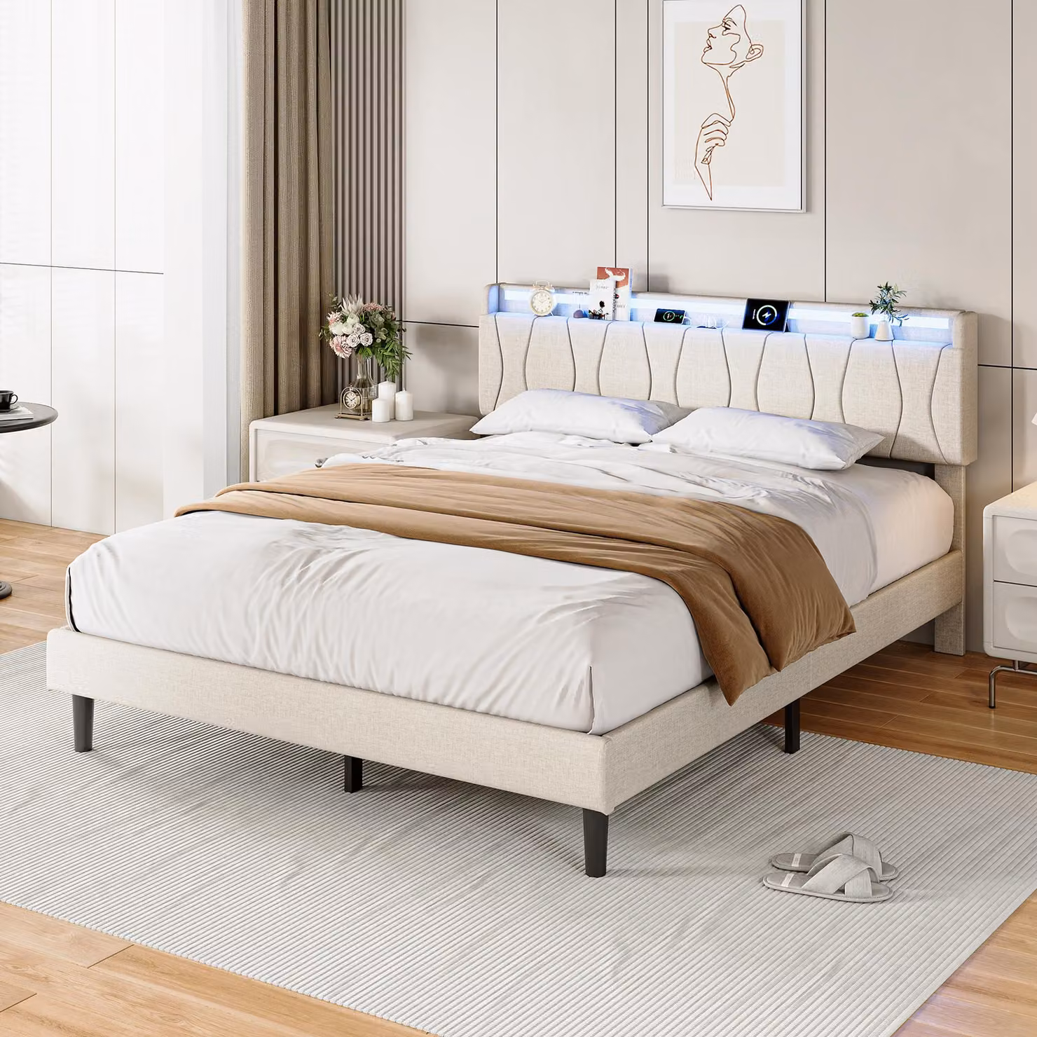 Letto imbottito 160x200 cm con illuminazione LED, 2 porte USB e una porta USB-C, rete a doghe, testiera imbottita, rivestito in lino color beige, altezza da terra di 18 cm, senza materasso