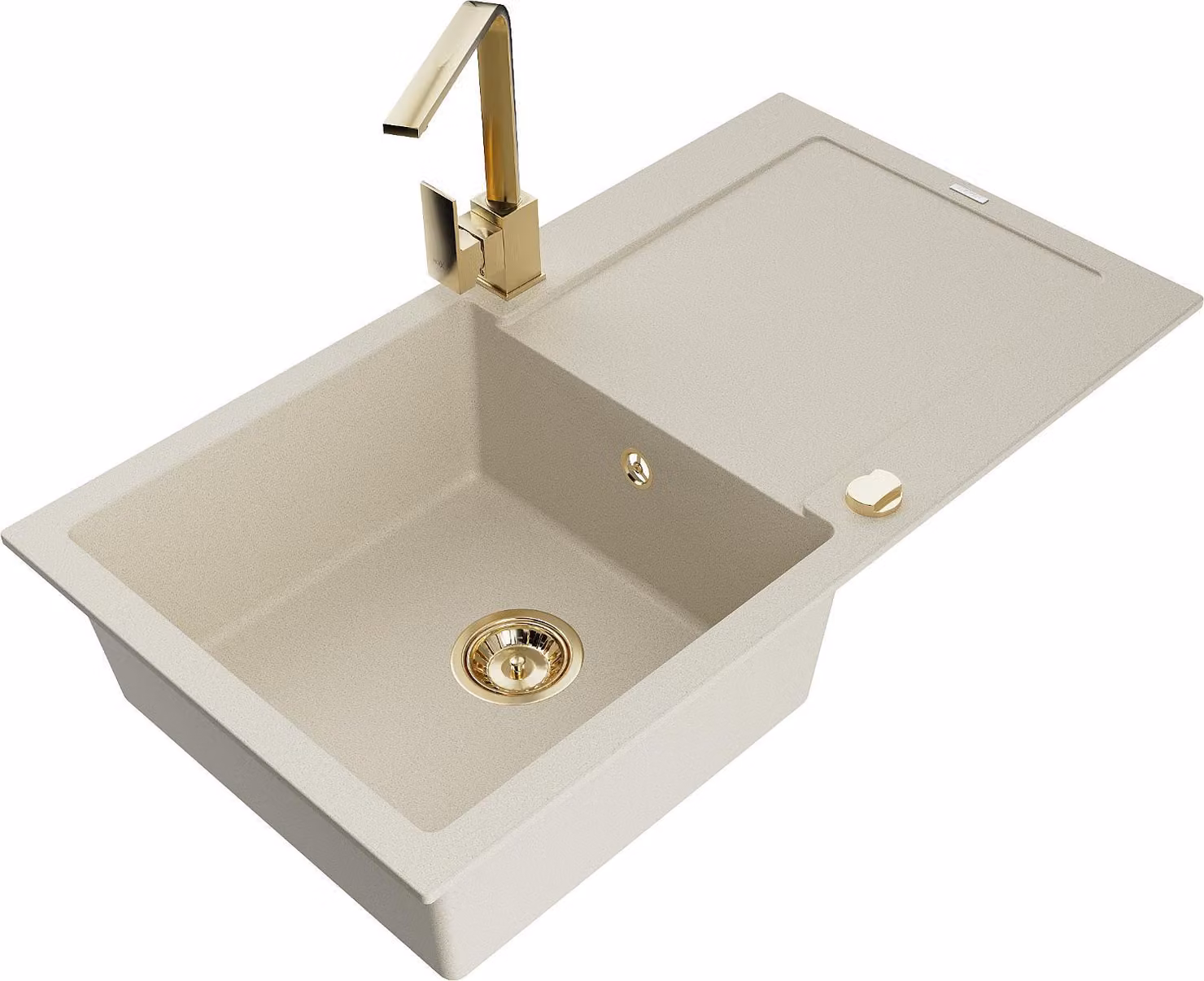 Mexen Leo lavello da cucina in granito con una vasca e sgocciolatoio e rubinetto cucina Rita, beige - 6501-69-670300-50
