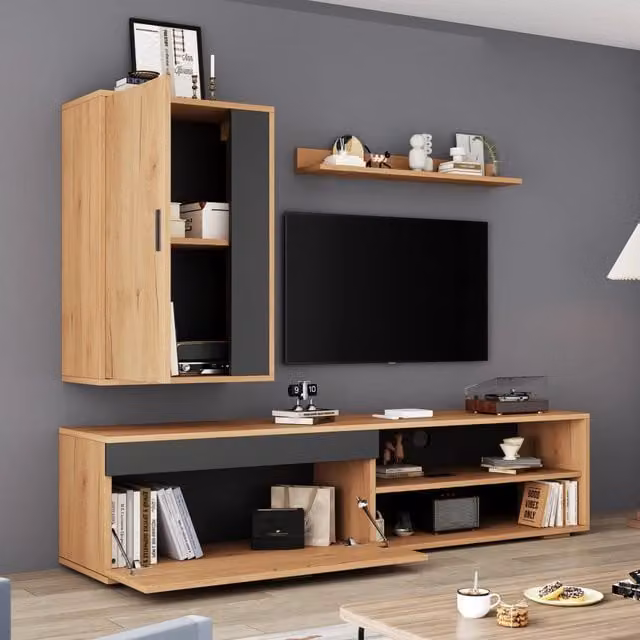 Parete attrezzata moderna Elvmi per soggiorno in MDF composta da 3 pezzi, colore marrone e nero, con mobile basso da 140 cm – 1