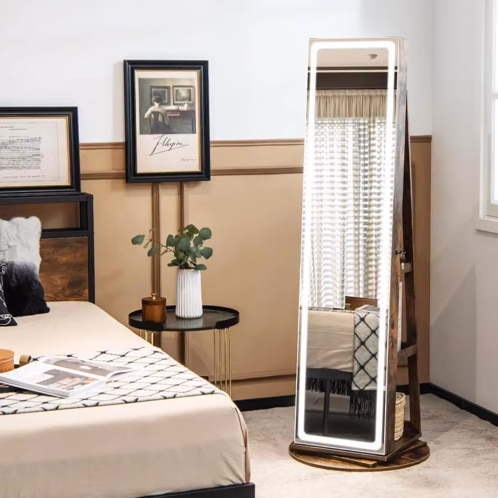 Mobile Portagioie COSTWAY con Specchio a LED e Serratura, Armadietto Autoportante in Stile Industriale con Ripiani Interni e Cassetti, Bianco e Marrone, L/P/H: 54,5 x 54,5 x 160 cm – 2