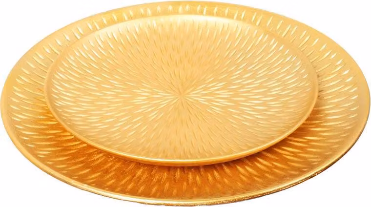 Set di 2 vassoi di legno rotondi dorati di 40 cm e 30 cm di diametro