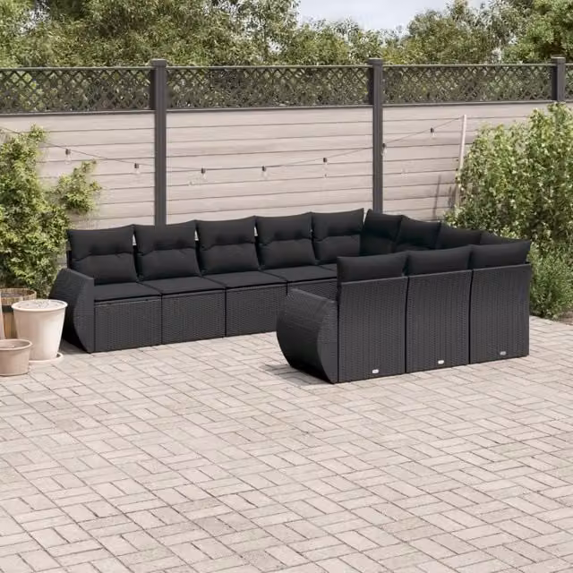 Set Divani da Giardino 10pz con Cuscini in Polyrattan Nero 3221884