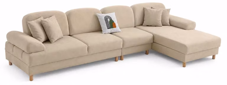 Divano angolare beige, moderno, per soggiorno, comodo, elegante, in tessuto