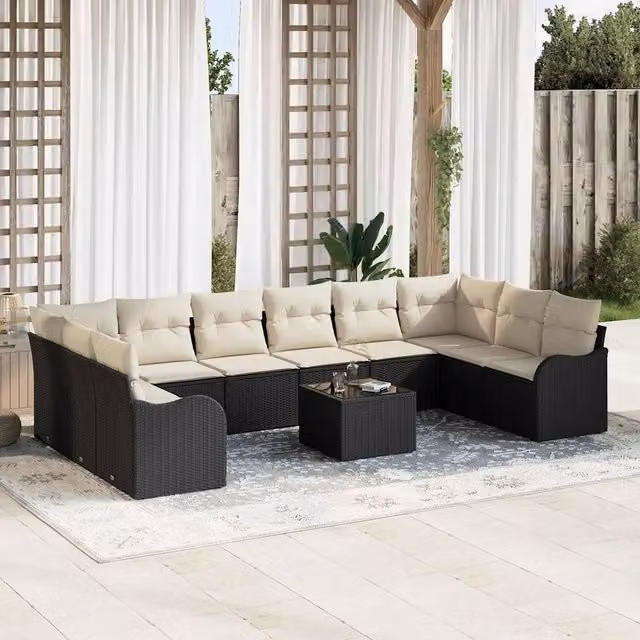 Set Divano da Giardino vidaXL con Elemento Angolare e Tavolino, Colore Nero, Polyrattan e Metallo, L/P/H: 55 x 55 x 37 cm