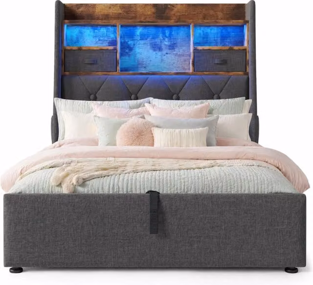 Letto imbottito 90x200 cm con contenitore, LED, USB e materasso in lino grigio