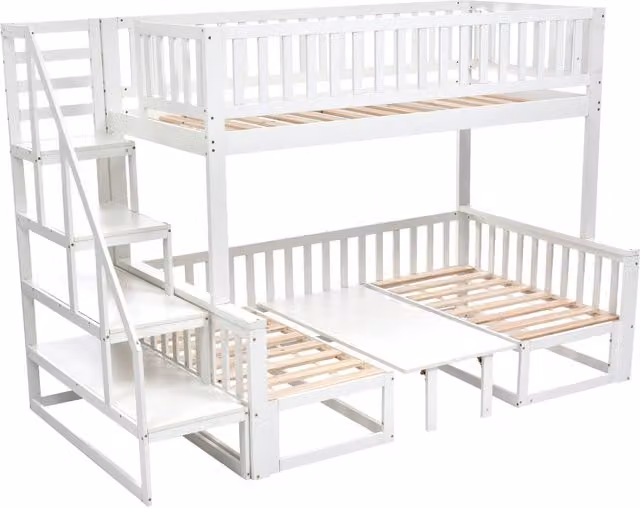 Letto a castello salvaspazio con scala, tavolo regolabile e divano in legno, struttura in pino bianco, 90x200 cm & 120x200 cm
