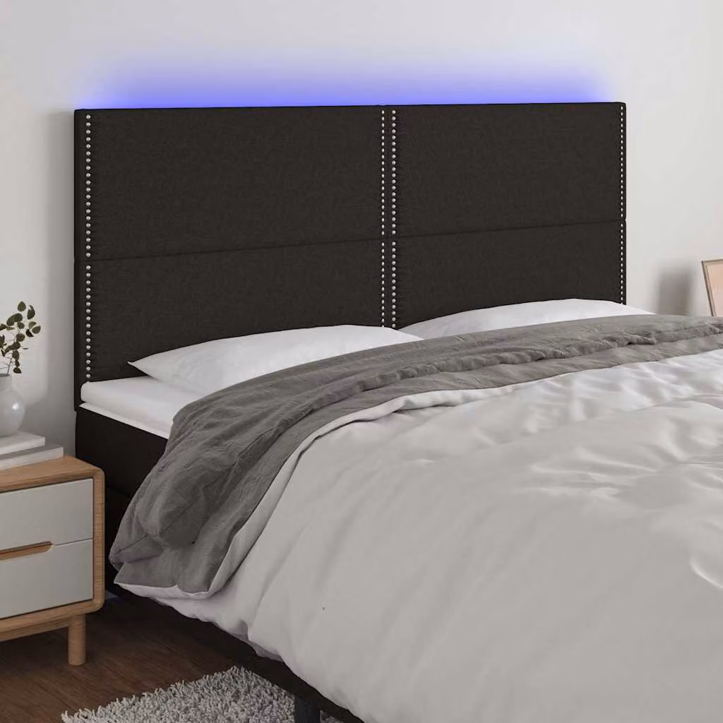 Testiera per letto vidaXL con illuminazione LED e porta di ricarica USB, rivestimento in tessuto nero, L: 200 cm, P: 5 cm, H: 128 cm