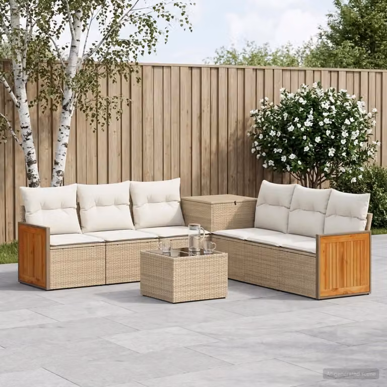 Set di divani da giardino vidaXL a forma di U composto da 8 pezzi in polyrattan con tavolino e cuscini, colori beige e bianco crema