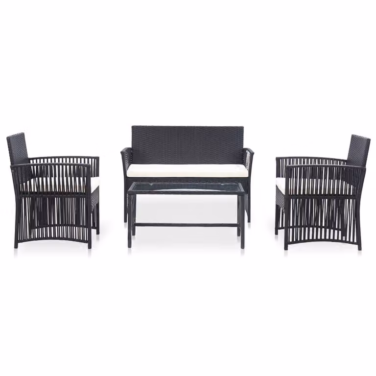 set 4 pezzi da giardino con cuscino in rattan nero