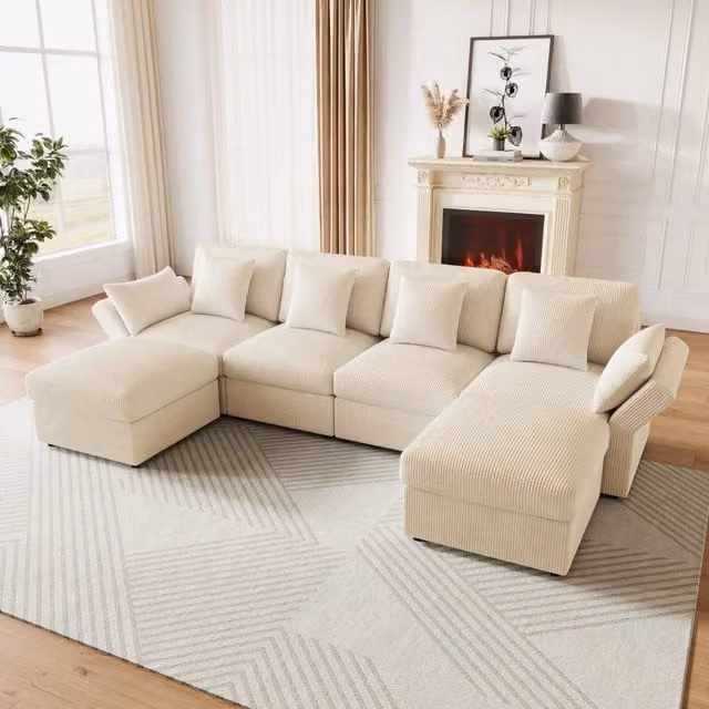 Divano angolare modulare 290x159.5x89 cm con braccioli regolabili in velluto a coste beige