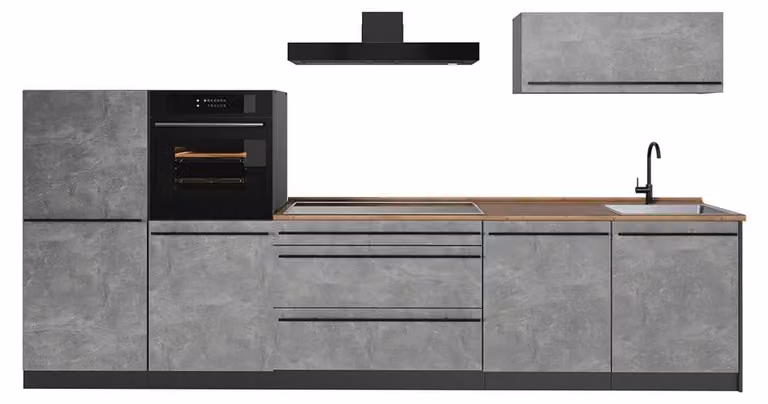 Cucina componibile Vicco R-Line Calcestruzzo/Antracite 340 cm piano di lavoro Rovere dorato, Model 67286