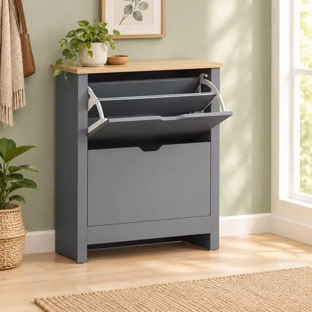 Scarpiera moderna Mivray in legno grigio opaco con 2 cassetti a ribalta L: 72 cm, P: 26 cm, H: 80 cm – 1