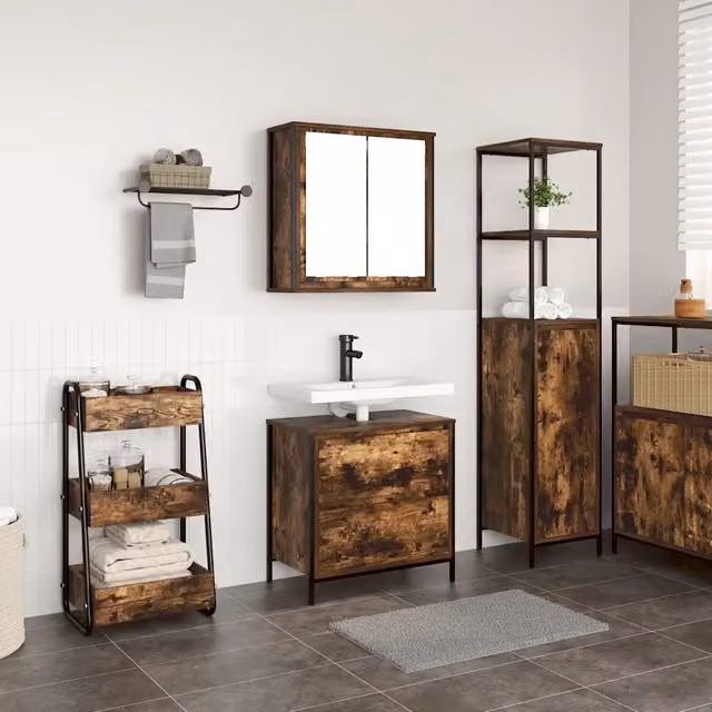 Set Mobili da Bagno vidaXL 2 Pezzi in Legno e Metallo Marrone Stile Industrial con Mobile Lavabo e Pensile a Parete – 1