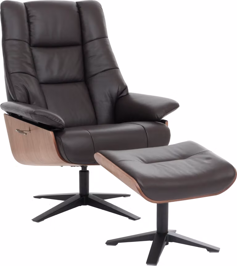 MCA reclinabile + sgabello HWC-N57, poltrona reclinabile, legno vera pelle ~ marrone