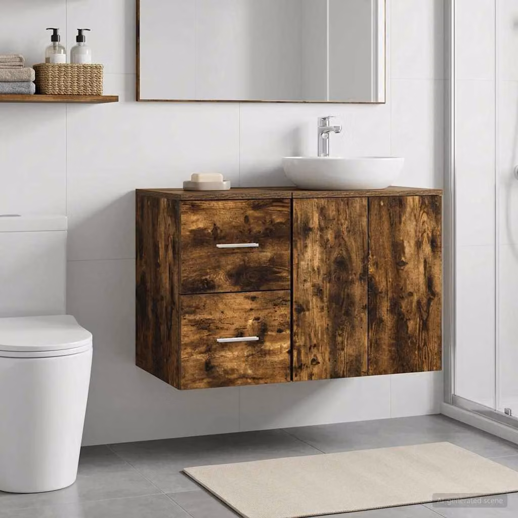 Armadio da bagno moderno vidaXL In-between Rovere Fumo con ante e cassetti, L 30 cm x P 35 cm x H 50 cm