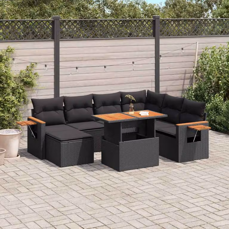 vidaXL Set Divani da Giardino a L con Cuscini 8 pz in Polyrattan Nero con Tavolino e Ottoman