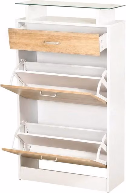 Scarpiera moderna per ingresso con 2 ante a ribalta e ripiano in vetro, bianco e rovere - L: 60 cm, P: 24 cm, H: 105.5 cm