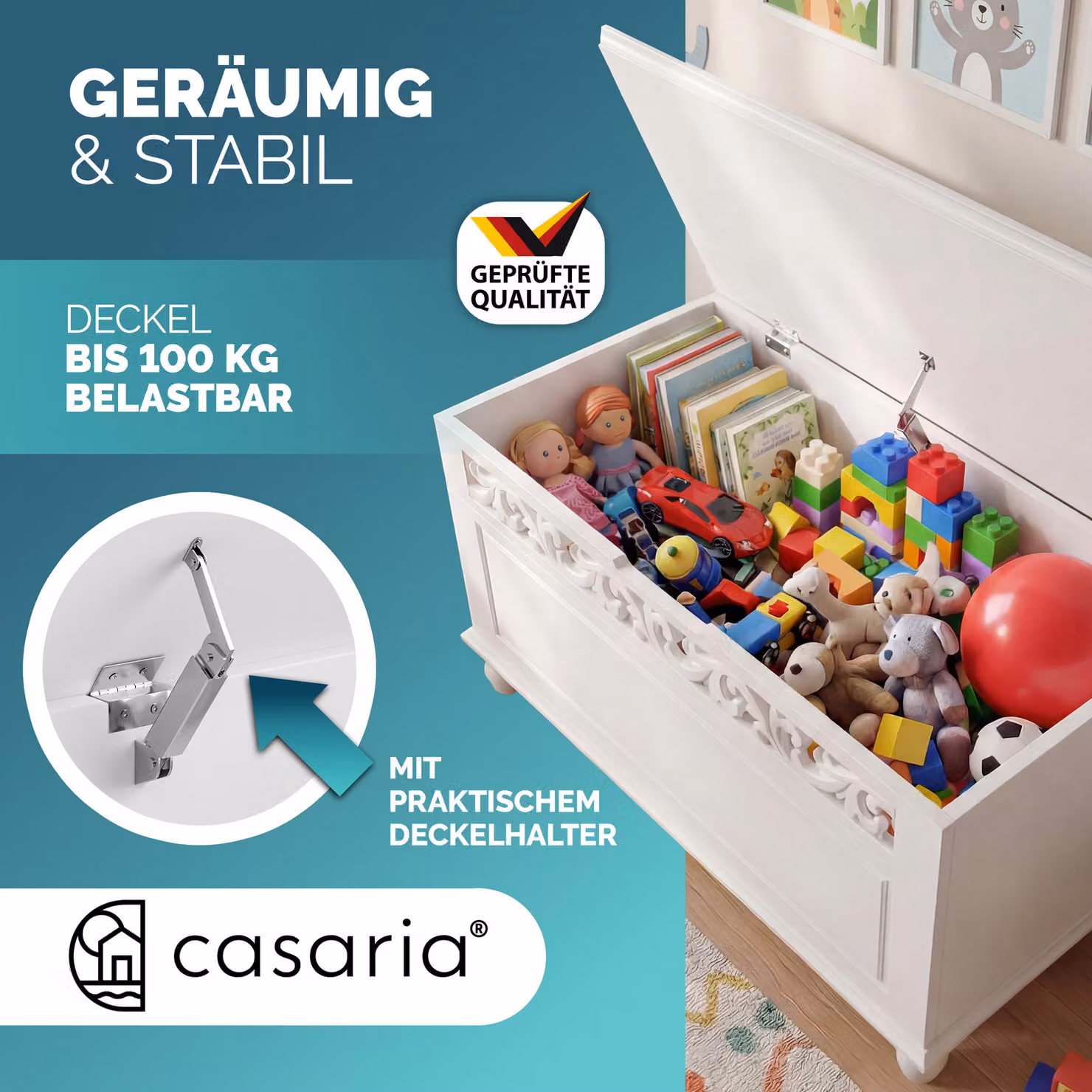 Cassapanca Baule Contenitore Jersey Casaria® Bianco in Legno e Tessuto L: 100 cm, P: 40 cm, H: 48 cm – 3