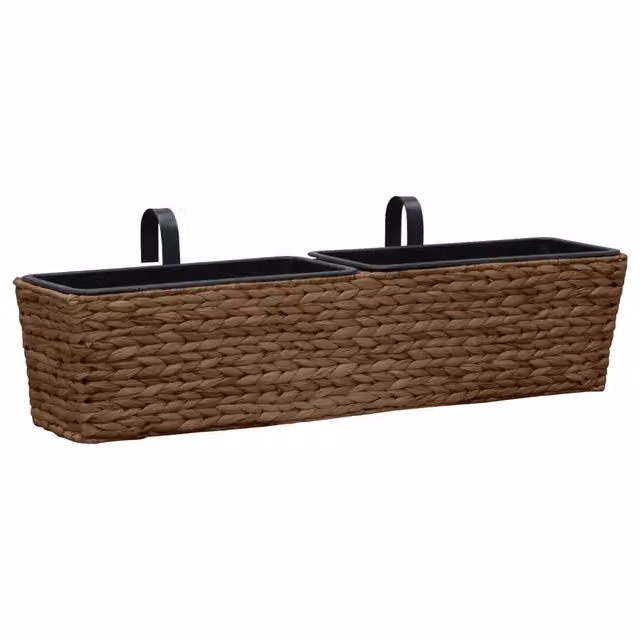 Set di 2 fioriere rettangolari in giacinto intrecciato marrone con struttura in metallo e plastica per uso da tavolo