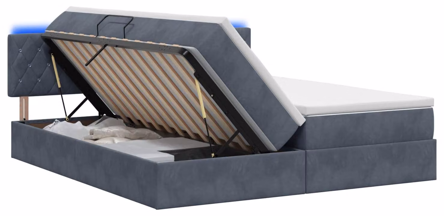 Letto imbottito con tecnologia LED, dotato di materasso, colore grigio scuro, dimensioni 180 x 200 cm, rivestito in velluto