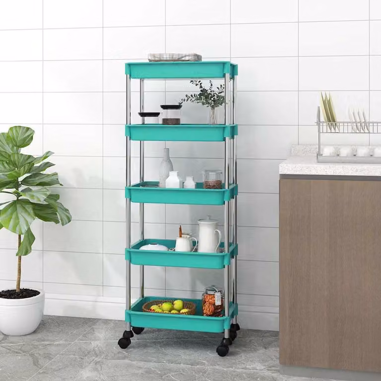 vidaXL Carrello da Cucina Moderno con 5 Ripiani in Metallo e ABS, Colore Turchese, L/P/H: 42 x 29 x 128 cm