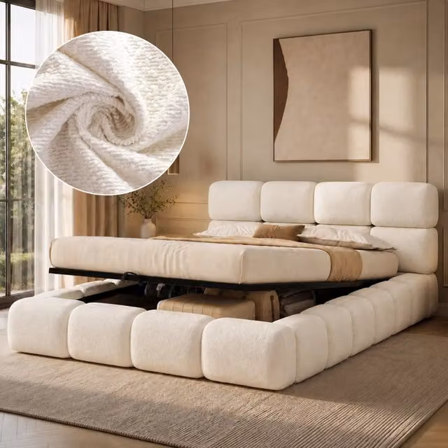 Letto contenitore matrimoniale 160 × 200 cm con sollevamento idraulico, senza materasso, in bouclé, bianco
