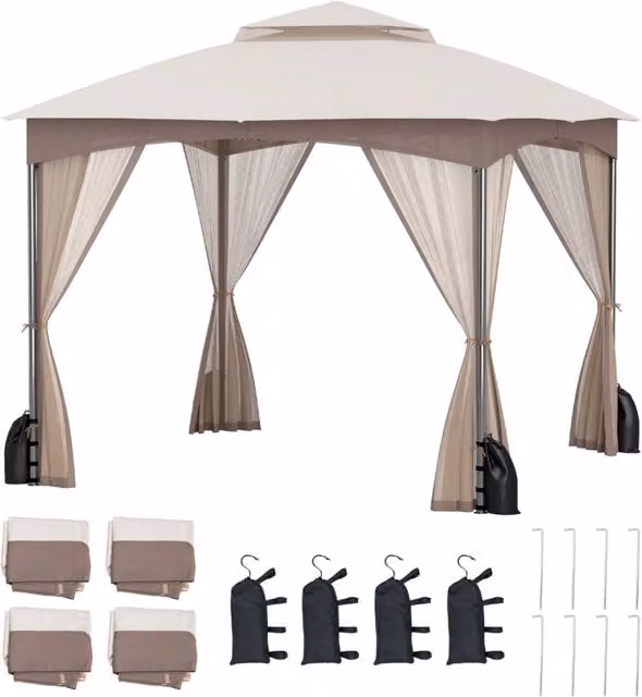 Tetto morbido a doppio strato con 4 sacchi di sabbia con cerniera, Gazebo da patio 3x3 M con pareti in rete Sabbia-Gazebo