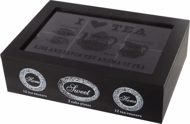 Scatola per tè I love tea con 6 scomparti in legno e vetro, colore nero