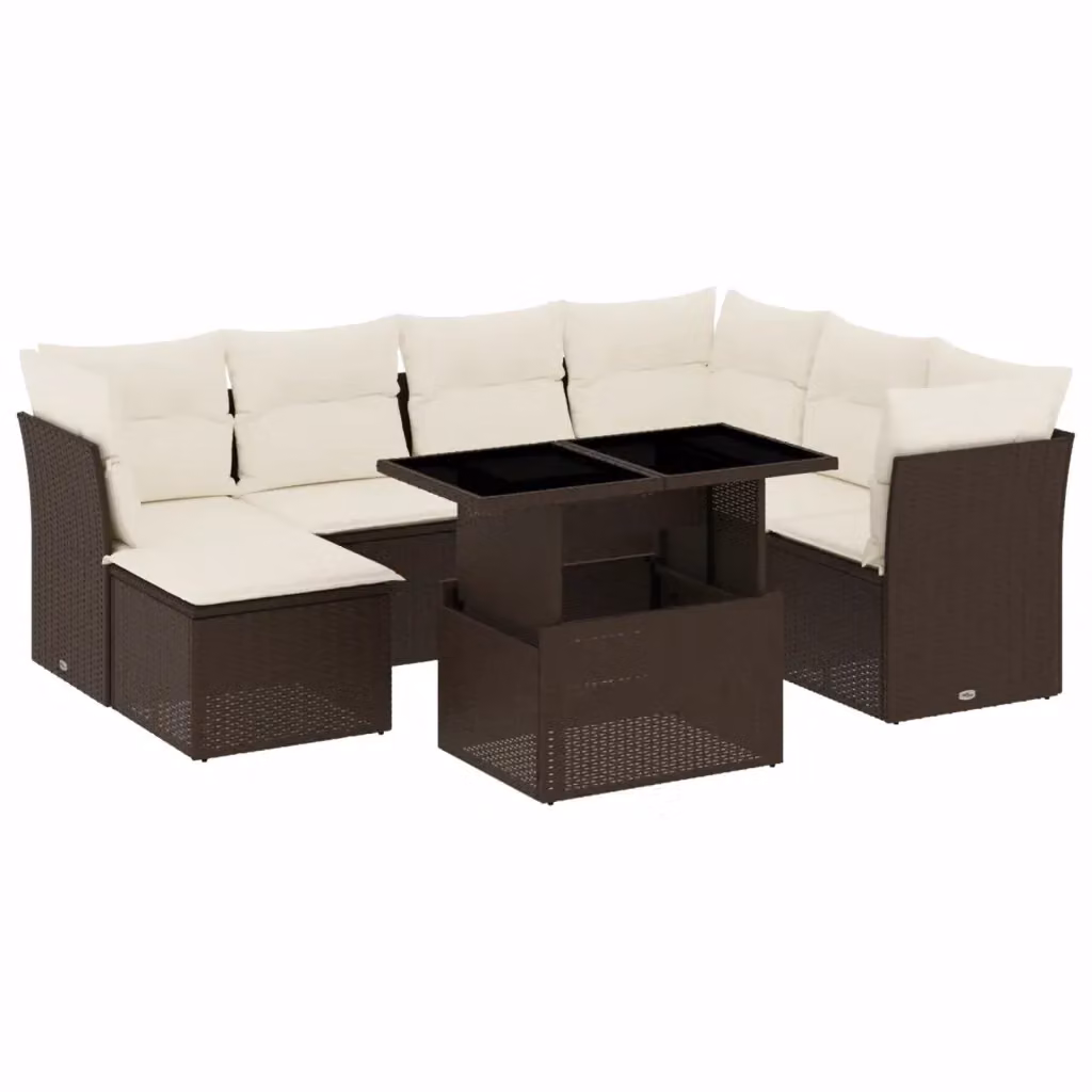 Set di divani da giardino vidaXL 8 pezzi in polyrattan marrone con cuscini bianchi e tavolino da esterno – 2
