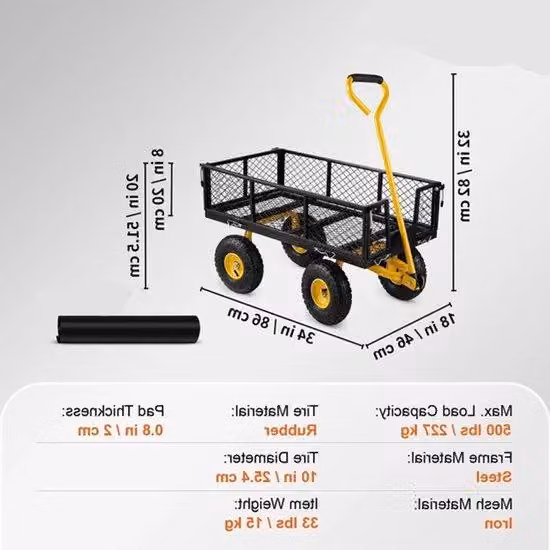Carrello da giardino - Carrello per il giardinaggio - Carrello per carichi pesanti - Carrello da spiaggia - Pareti grigliate removibili - Pneumatici gonfiabili - Maniglia in gomma - Alta capacità - 230 kg