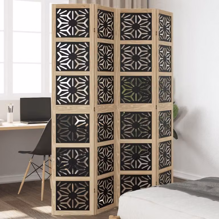 vidaXL Divisorio Ambienti Moderno a 4 Pannelli in Legno di Paulownia Massello Marrone e Nero