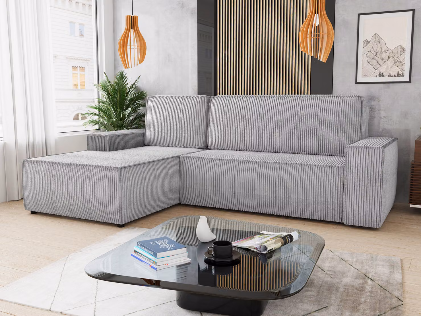 Divano angolare Totti L con funzione letto e contenitore - Tessuto cord - Divano a L, divano imbottito, divano letto, set divani (grigio (Poso 110) Lato: sinistro)