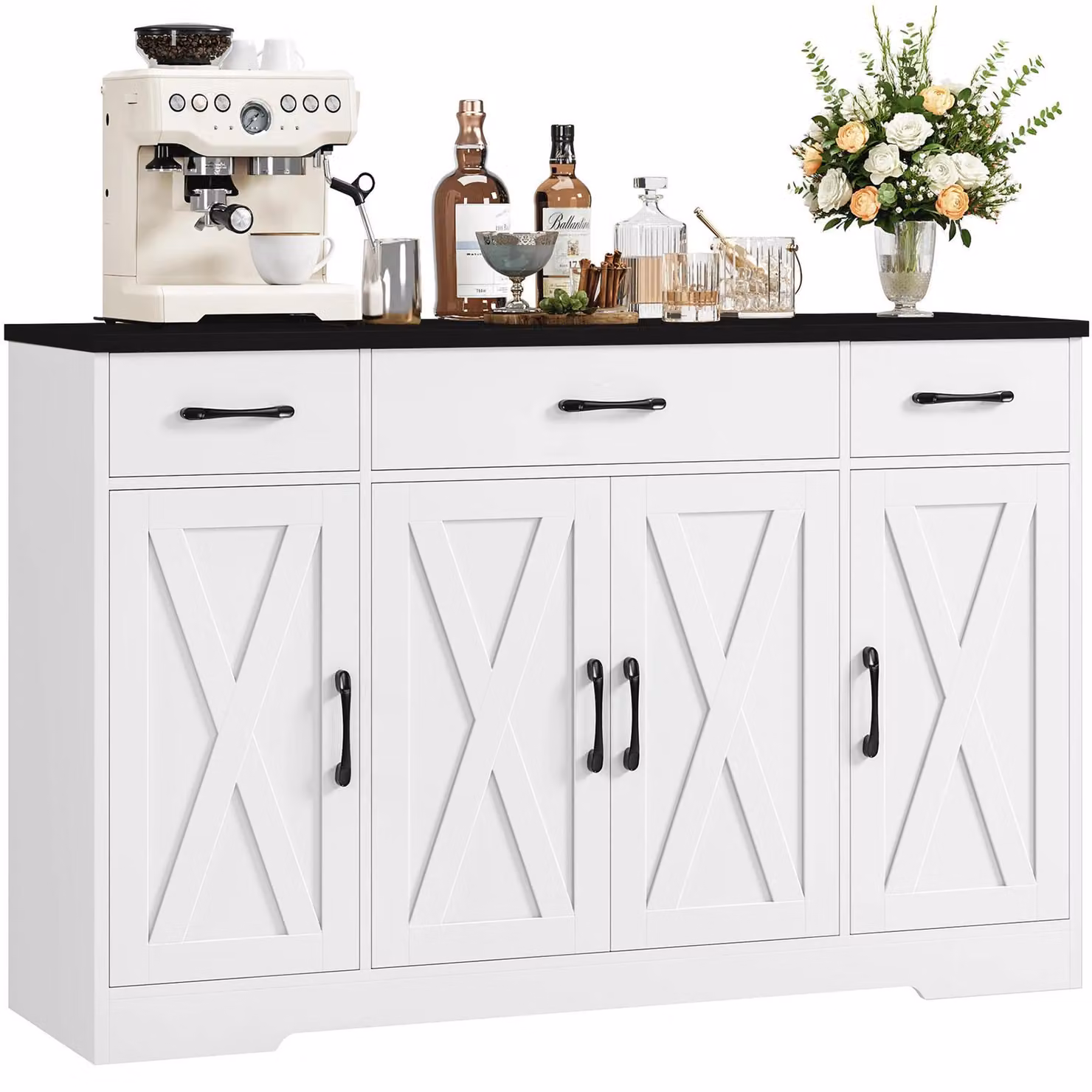 Credenza da cucina - Credenza con 3 cassetti - 4 ante - 2 ripiani regolabili - Larghezza 140 cm - Legno - Multicolore