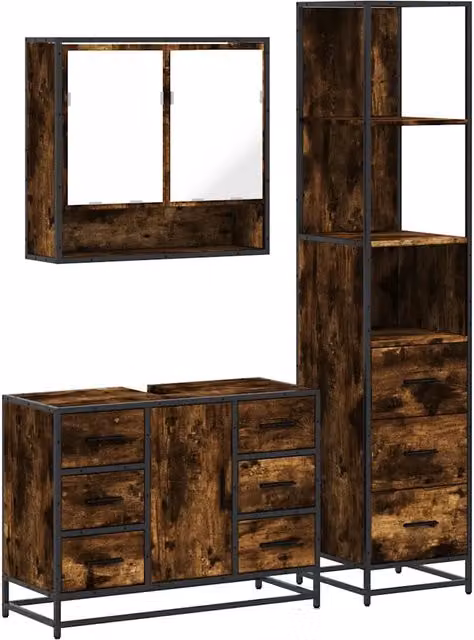 Set Mobili da Bagno | Armadio da bagno 3 pz Rovere Fumo in Legno Multistrato