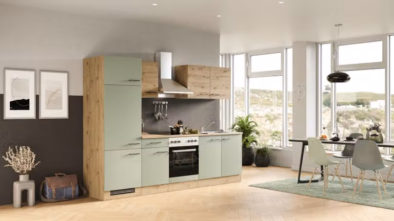 Mobile cucina con elettrodomestici Flex Well Cara 270 cm colore frontale rovere verde opaco colore mobile rovere