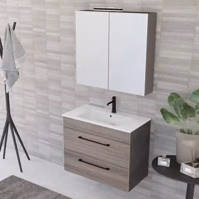 Mobile bagno sospeso Smart con specchio contenitore e illuminazione LED, finitura legno, L: 80 cm, P: 43 cm, H: 62 cm