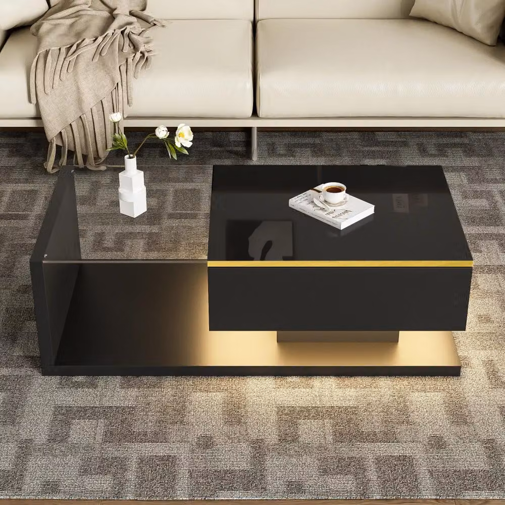 Tavolino da caffè - Tavolino ausiliario - 100 cm - Finitura lucida - Piano in vetro - Effetto luce LED - Struttura in legno - Nero + Pannello di particelle di legno