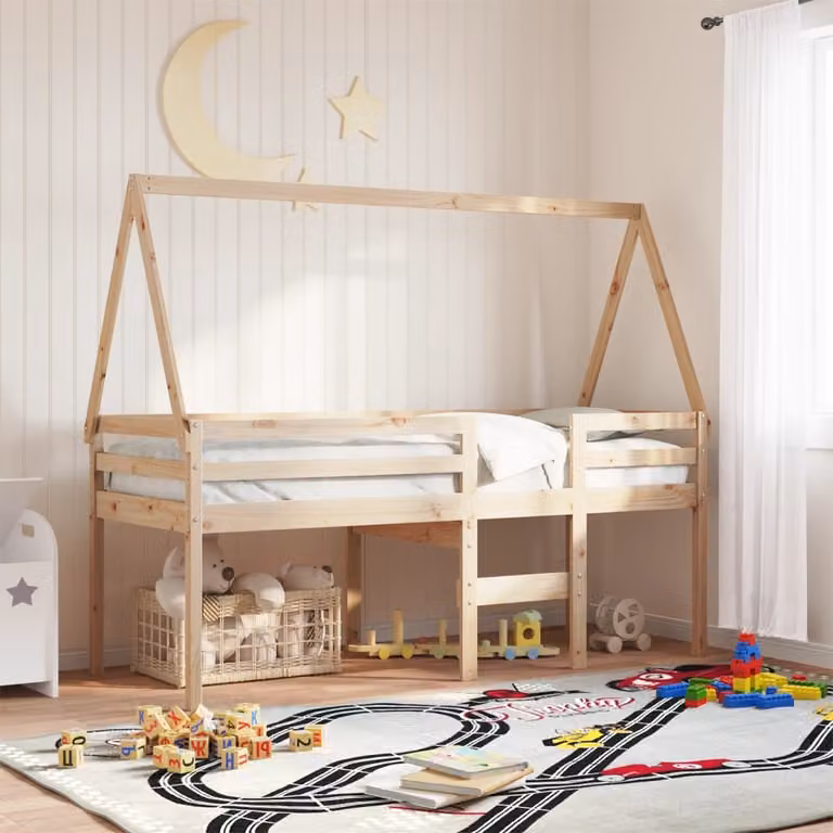 Letto a soppalco con tetto a casetta vidaXL in legno di pino marrone L 200 cm x P 80 cm x H 151 cm
