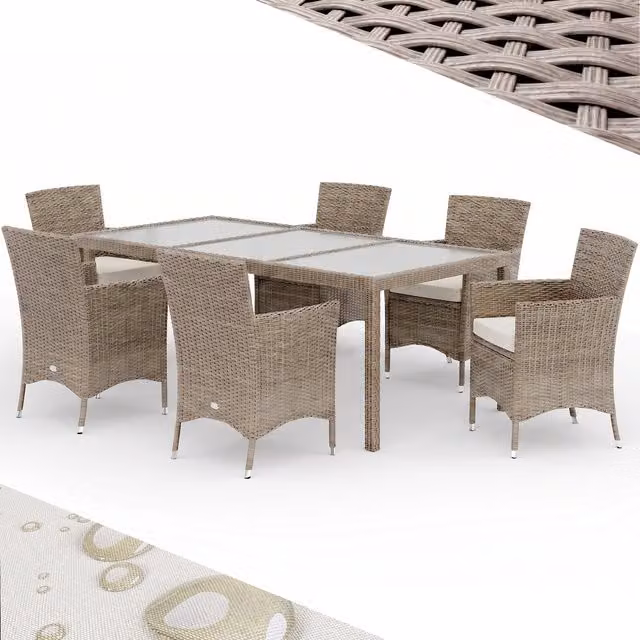 Set da giardino Casaria composto da 7 pezzi in polyrattan colore beige