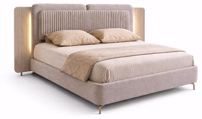 Elegante letto imbottito dalle linee morbide e con illuminazione integrata