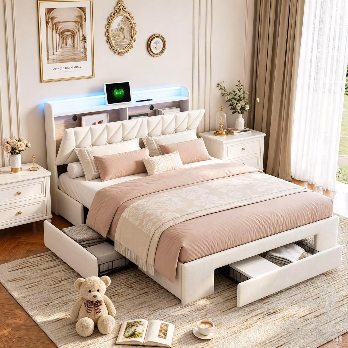 Letto imbottito INONEFT, 140 x 190 cm, letto per ragazzi, letto matrimoniale con LED e USB, letto per adulti con rete a doghe e 3 cassetti, in velluto, color beige