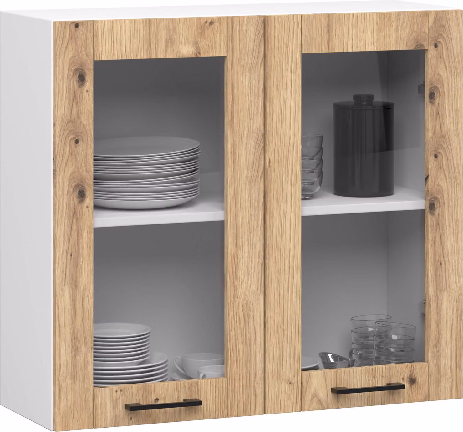 raumhirsch: Mobiletto da cucina a parete, modello OLIWIA W80, vetrina con 2 ante, finitura rovere "Artisan" opaco, bianco, dimensioni 80x30,5x58 cm