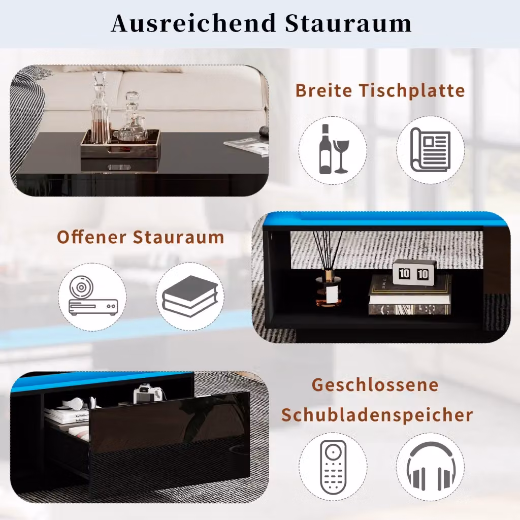Set Soggiorno REDOM composto da Mobile TV da 181 cm e Tavolino Nero Lucido con Illuminazione LED integrata – 2