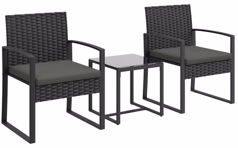 Set da bistrot in rattan, composto da 2 sedie e un tavolo | Colore: grigio scuro | Dimensioni: 55x58x76 cm