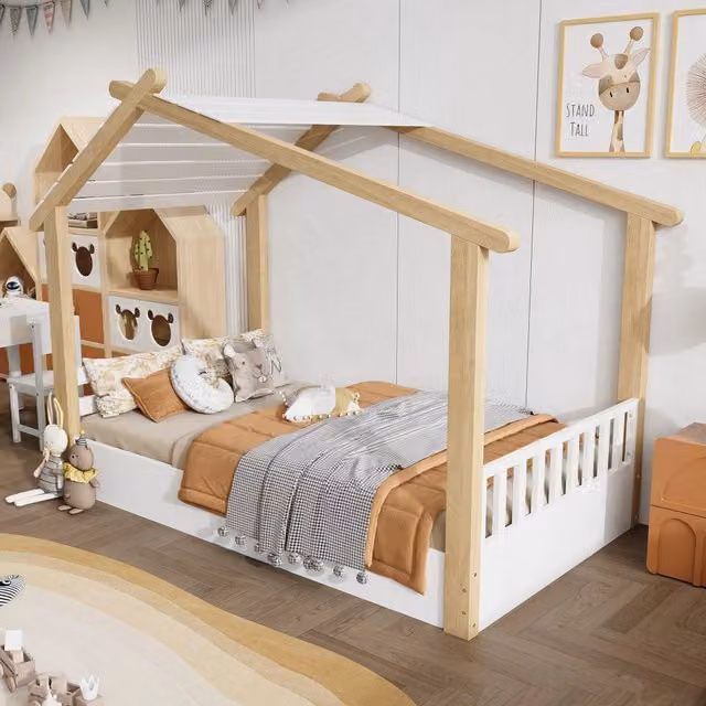 Letto per bambini a forma di casetta WISHDOR in legno bianco e beige, L/P/H: 200 x 90 x 120 cm