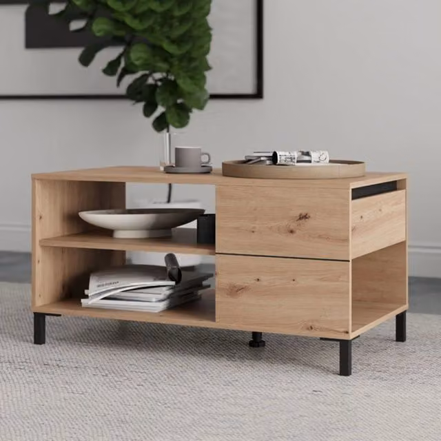 Tavolino da salotto Salentina DMORA con un cassetto, marrone rovere nodi, L: 102 cm, P: 55 cm, H: 52 cm – 1