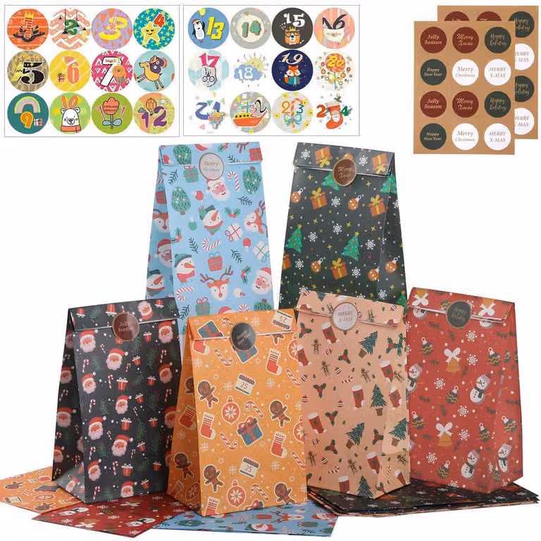 Sacchetti di carta kraft, confezione da 24, ideali per creare un calendario dell'Avvento da riempire con adesivi. Dimensioni: 22x12x8 cm. Multicolore