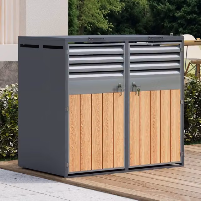 Box per bidoni della spazzatura con coperchio ribaltabile, 2 porte, chiusura a chiave e prese d'aria lamellari