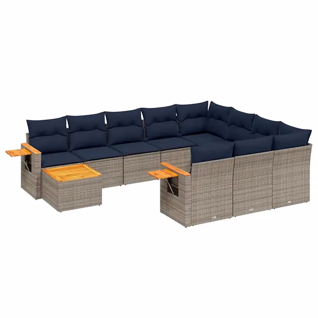 vidaXL Set Divani da Giardino 11 pz a Forma a L con Cuscini in Polyrattan e Tavolino, Grigio e Blu – 2